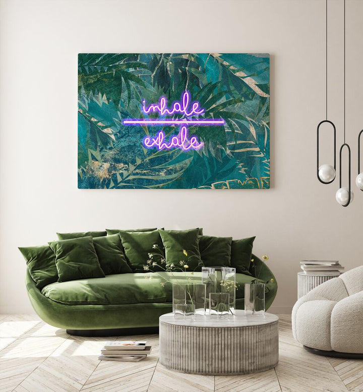 Inhale Exhale By Sarah Manovski Quotes and Typography Poster in Gallery Wrap placed on a wall behind a sofa