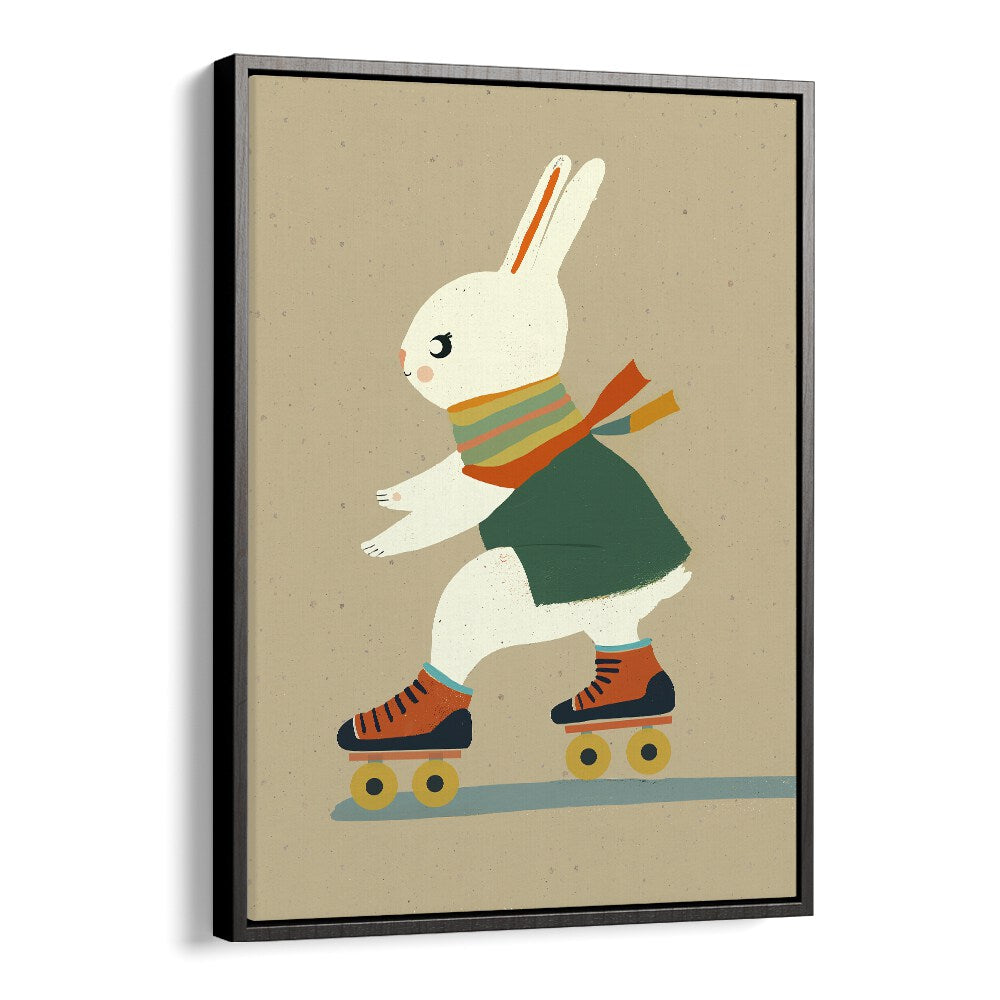 Inline Skating Bunny  Kids Paintings in Black Floater Frame