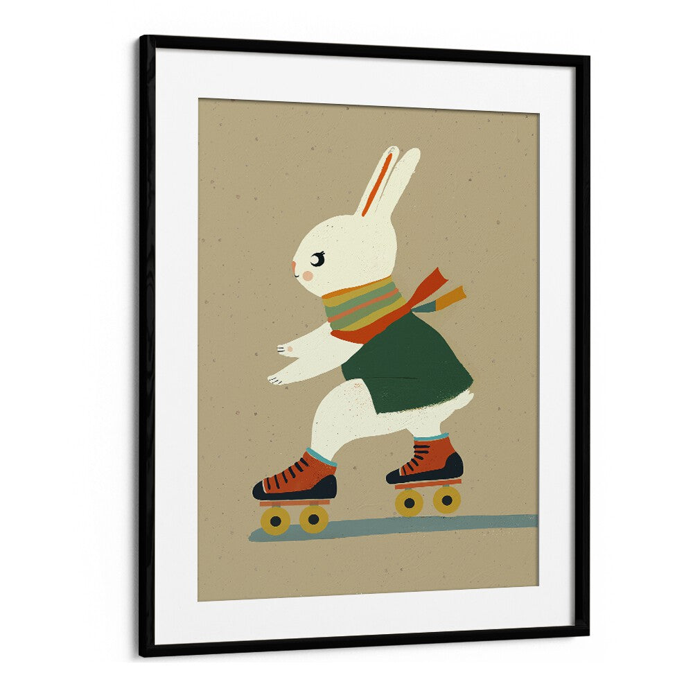 Inline Skating Bunny  Kids Paintings in Black Frame With Mount