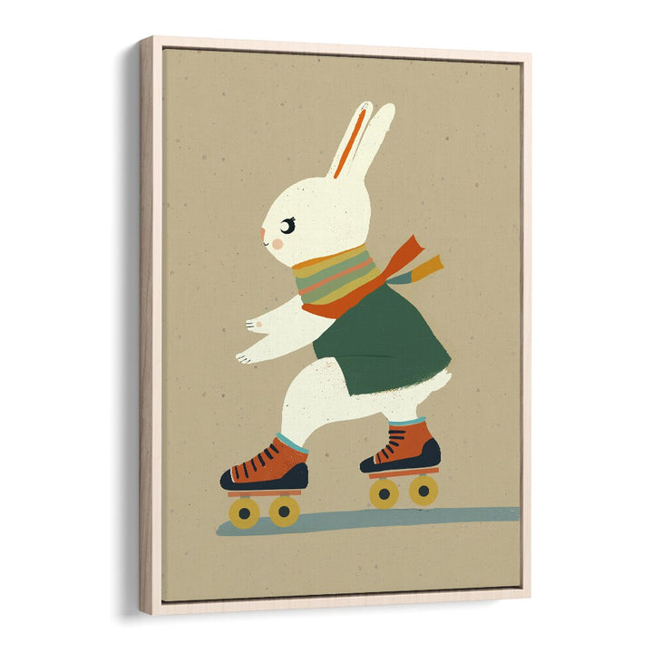 Inline Skating Bunny  Kids Paintings in Oak Wood Floater Frame