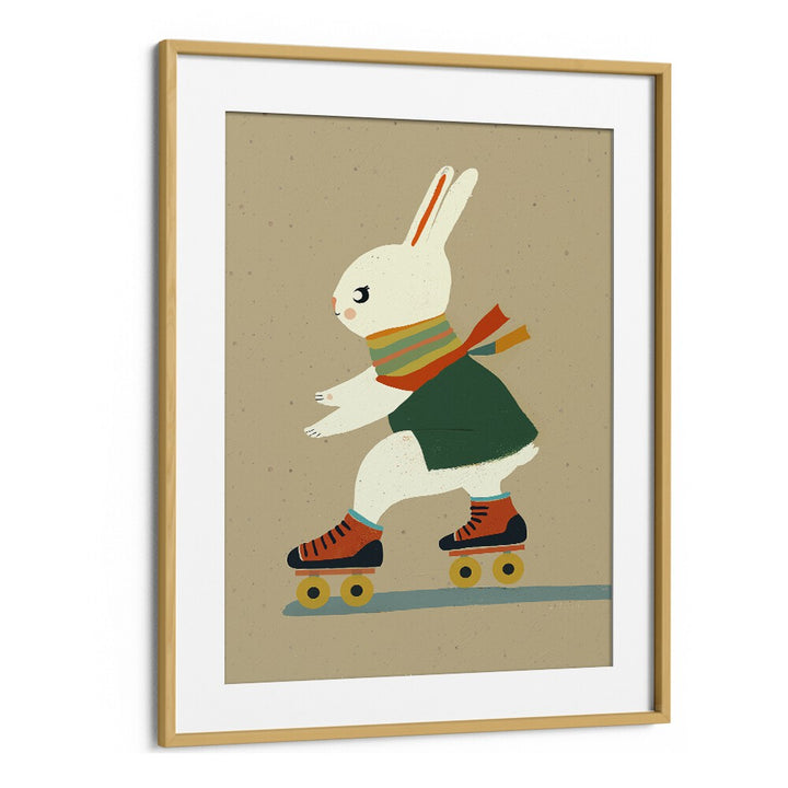 Inline Skating Bunny  Kids Paintings in Oak Wood Frame With Mount