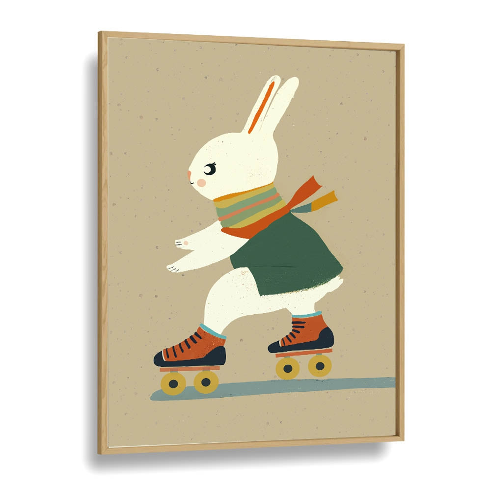 Inline Skating Bunny  Kids Paintings in Oak Wood Plain Frame