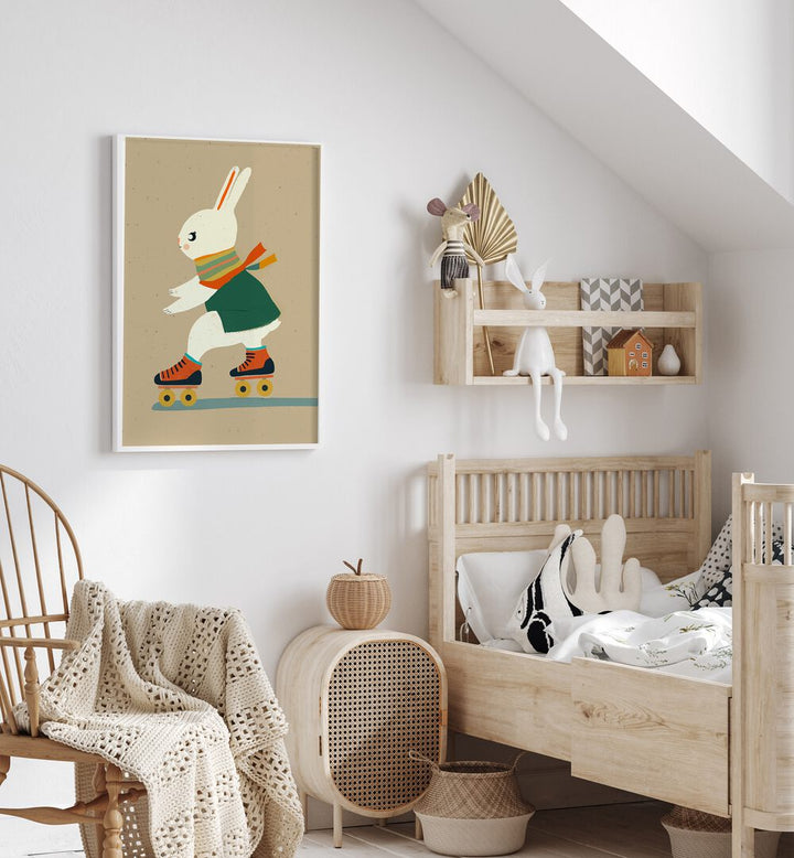 Inline Skating Bunny By Treechild Kids Room Paintings in White Plain Frame placed on a White Colored Wall near a Bed in the Kids Room