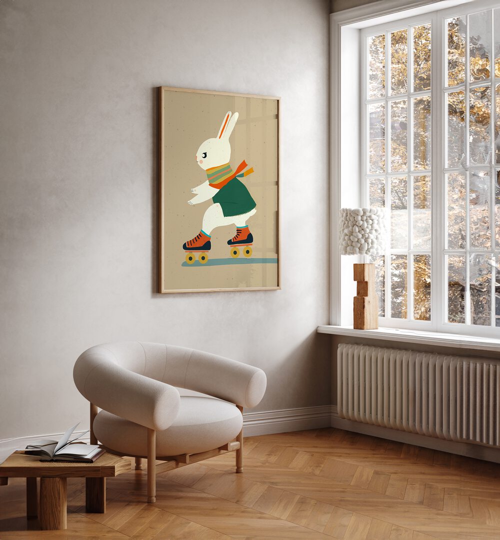 Inline Skating Bunny By Treechild Kids Room Paintings in Oak Wood Plain Frame placed on a Cream Colored Wall in the Drawing Room