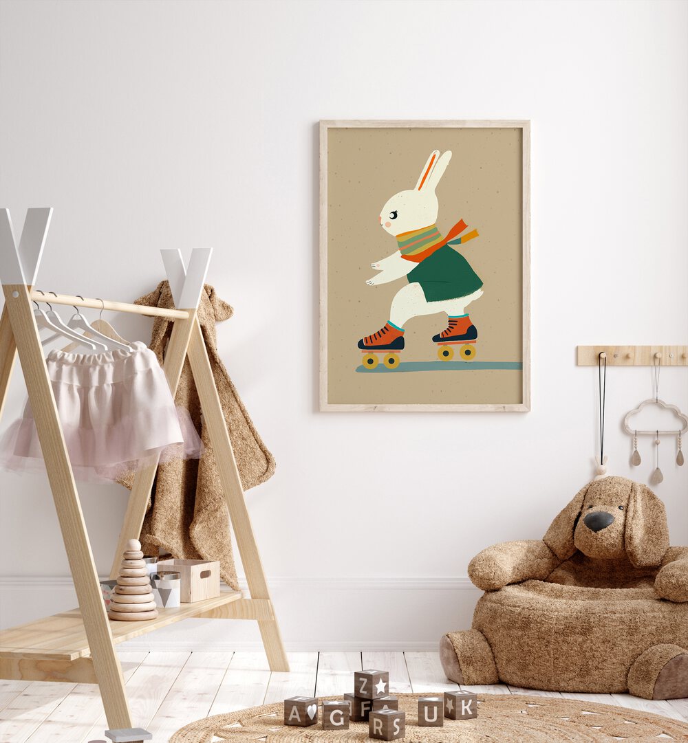 Inline Skating Bunny By Treechild Kids Room Paintings in Oak Wood Plain Frame placed on a White Colored Wall in the Kids Room