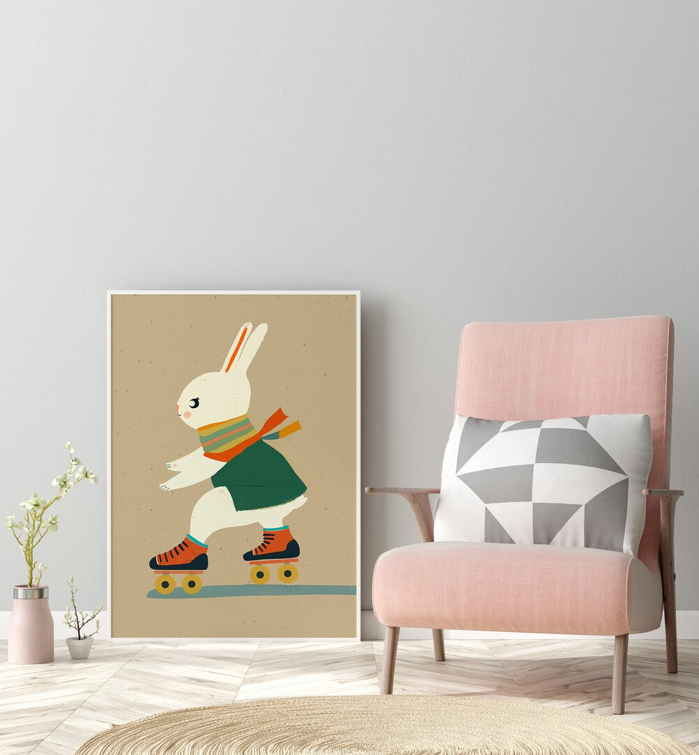 Inline Skating Bunny By Treechild Kids Room Paintings in White Plain Frame placed on the floor placed on a Grey Colored Wall in the Drawing Room