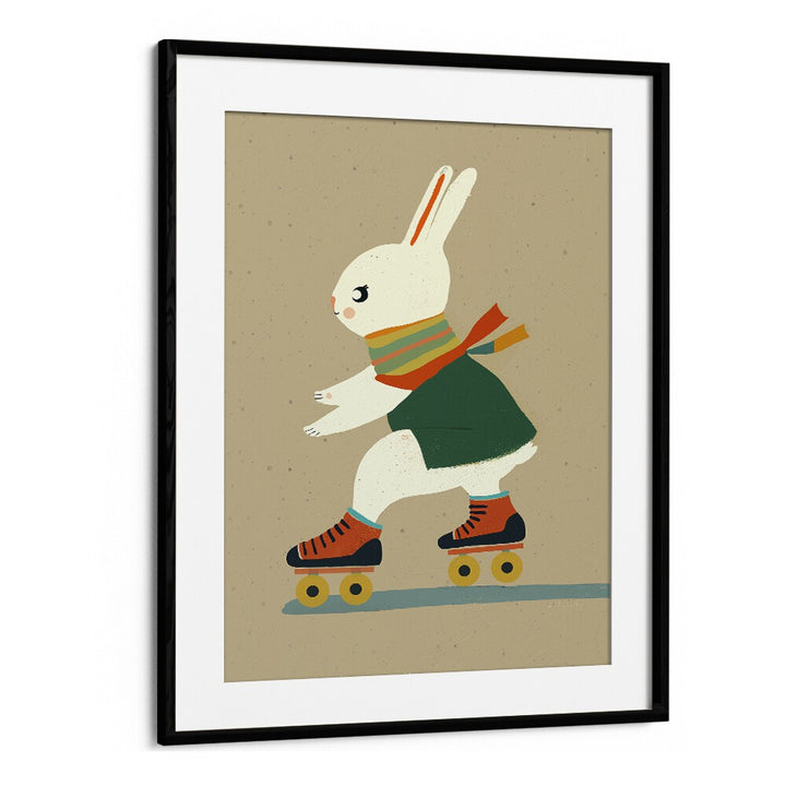 Inline Skating Bunny by Treechild Kids Room Paintings in Black Frame With Mount