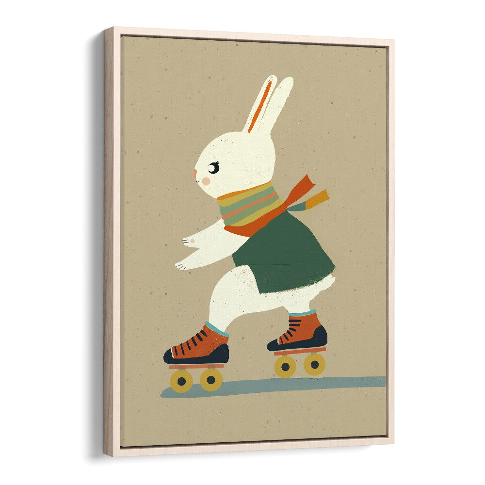 Inline Skating Bunny by Treechild Kids Room Paintings in Oak Wood Floater Frame