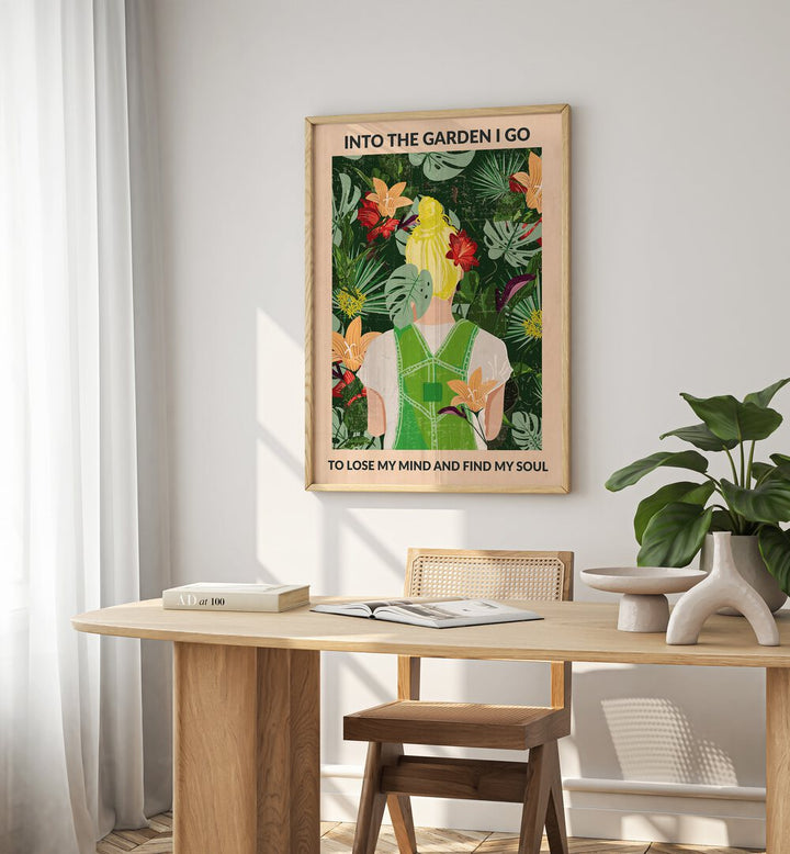 Into The Garden Blonde Portraits and Figurative Illustrations in Oak Wood Plain Frame placed on a wall behind a study table