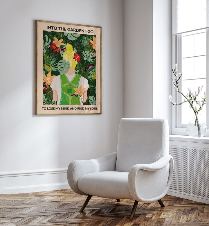 Into The Garden Blonde Portraits and Figurative Illustrations in Oak Wood Plain Frame placed on a wall beside a white chair and a window