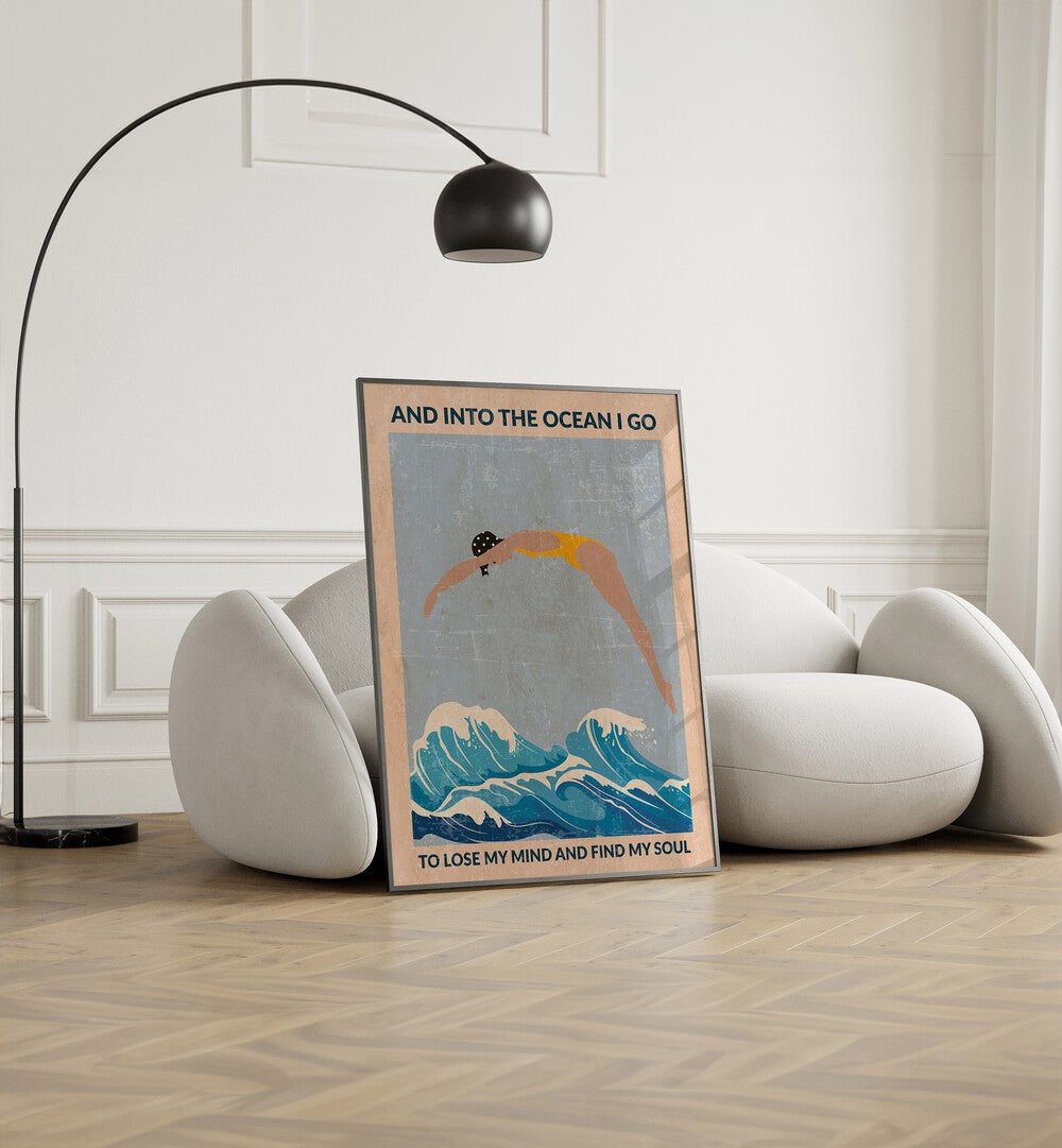 Into The Ocean Blue Standard Wall Art Sports Posters in Black Plain Frame placed on the floor beside a sofa