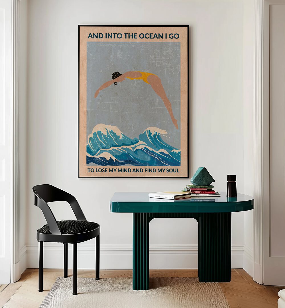 Into The Ocean Blue Standard Wall Art Sports Posters in Black Plain Frame placed on a wall behind a study table