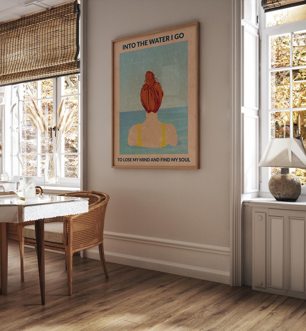 Into The Water Redhead Sports Posters in Oak Wood Plain Frame placed on a wall between two windows and a table