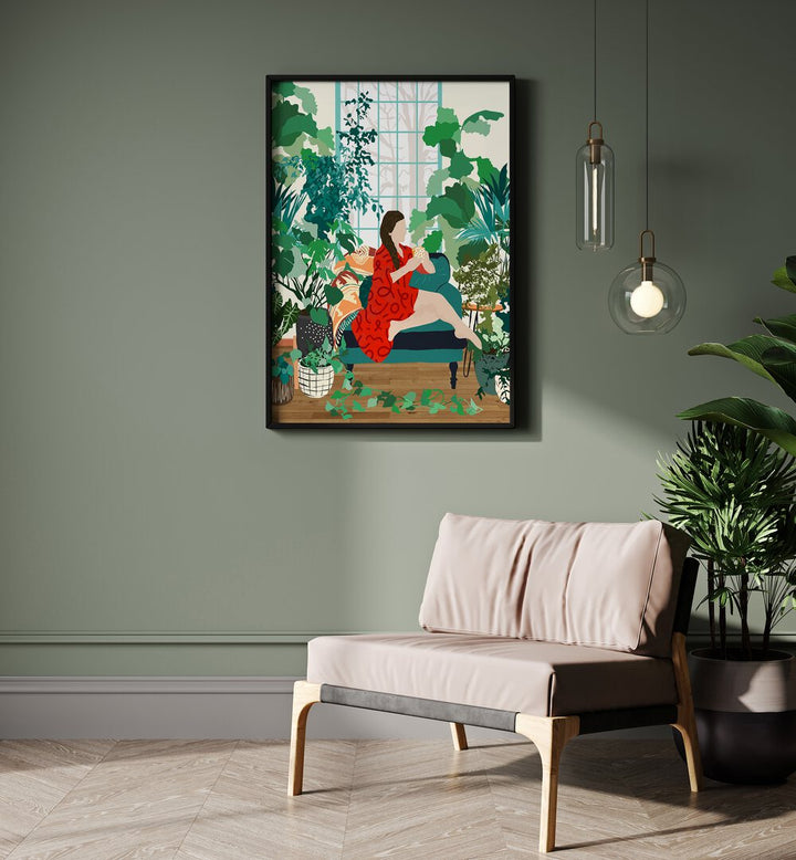 Introspection By Uma Gokhale Woman Illustration Art Prints in Black Plain Frame behind a beige sofa on a green wall