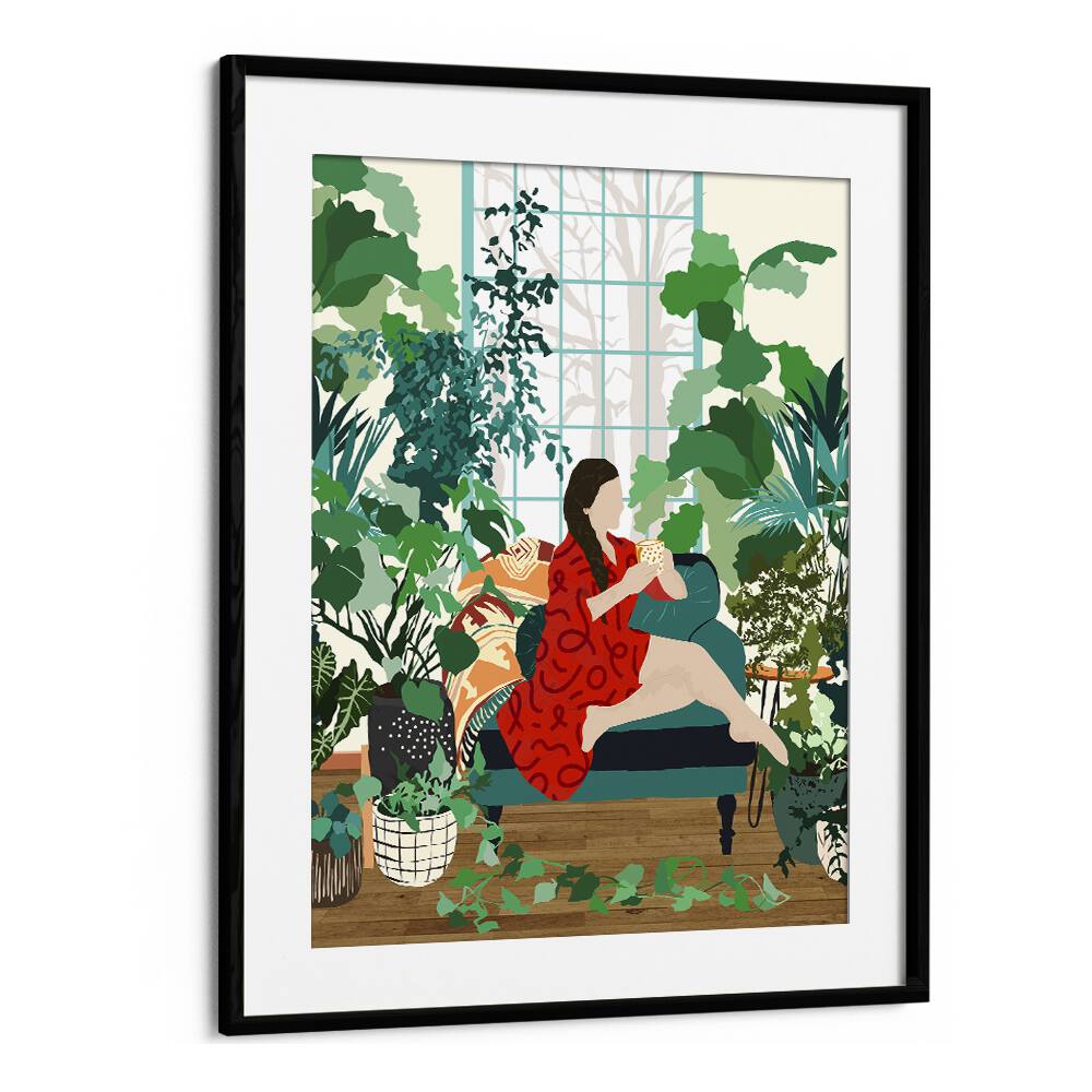 Introspection By Uma Gokhale Woman Illustration Art Prints in Black Frame With Mount