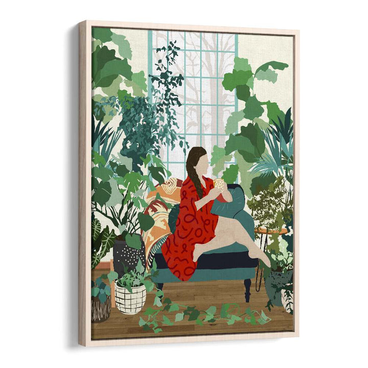 Introspection By Uma Gokhale Woman Illustration Art Prints in Oak Wood Floater Frame