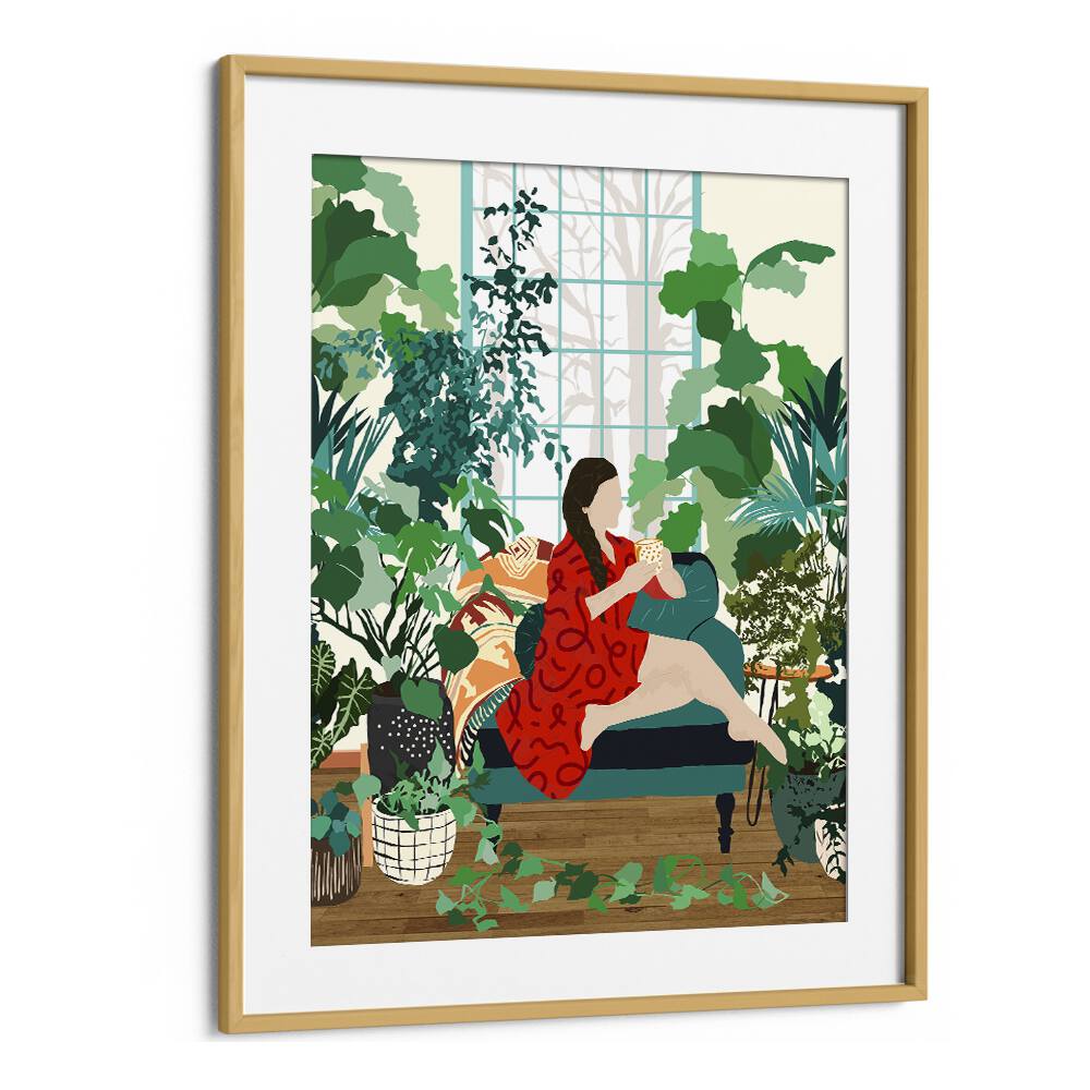 Introspection By Uma Gokhale Woman Illustration Art Prints in Oak Wood Frame With Mount