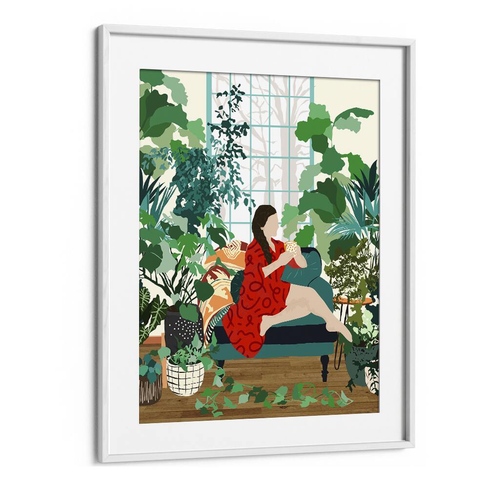 Introspection By Uma Gokhale Woman Illustration Art Prints in White Frame With Mount