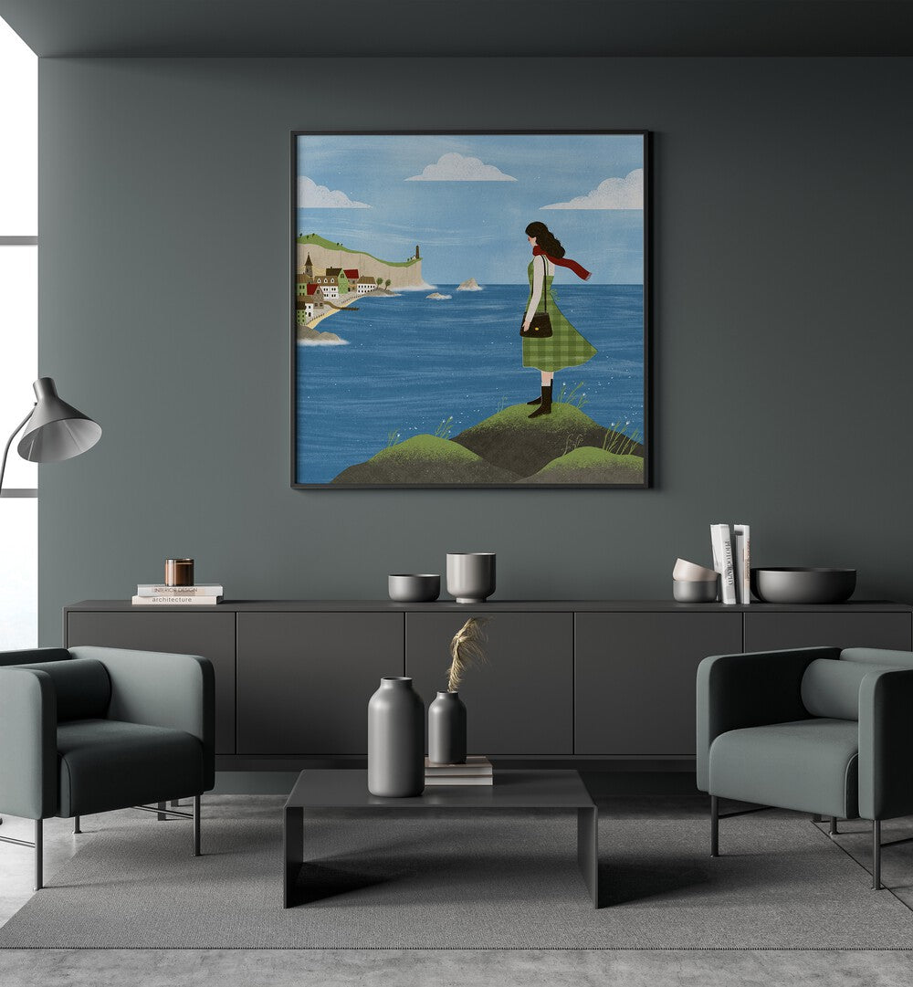 Irish Seaside By Julia Leister Women Illustration Paintings in Black Plain Frame on a wall placed behind a console table