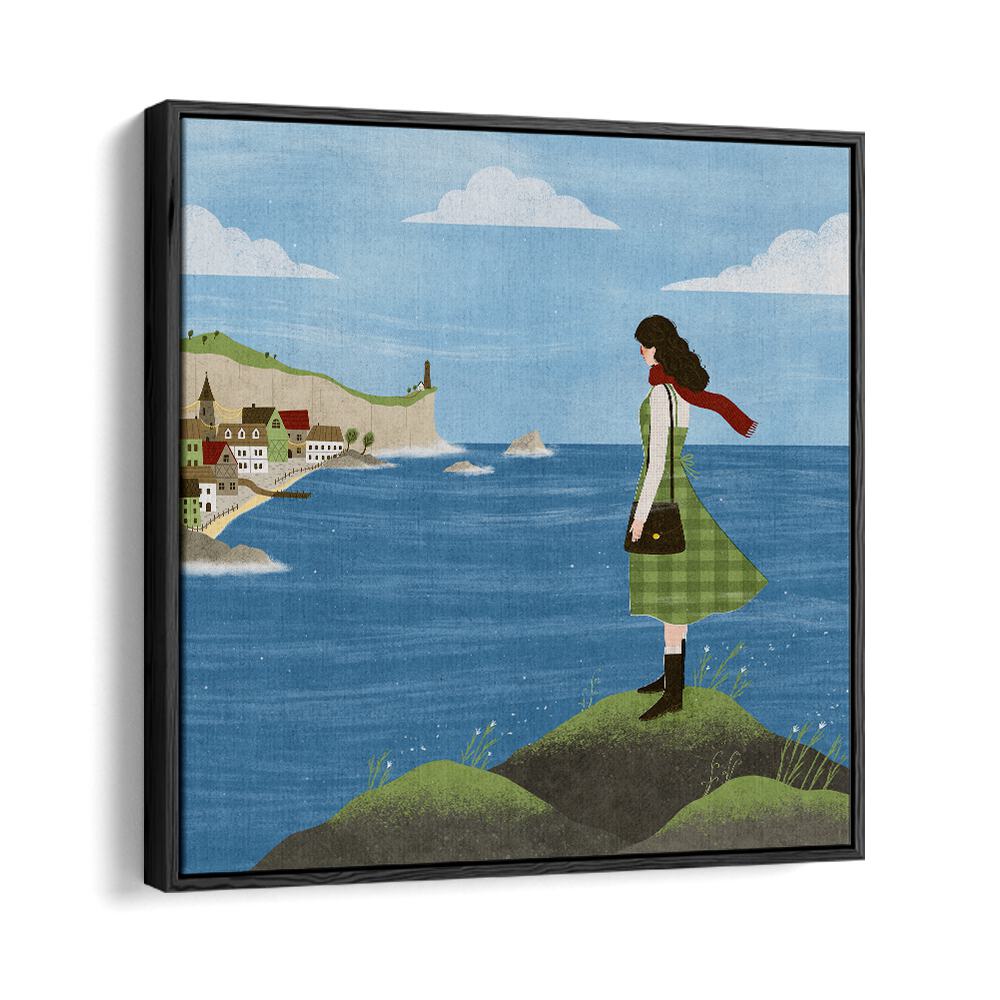 Irish Seaside By Julia Leister Women Illustration Paintings in Black Floater Frame