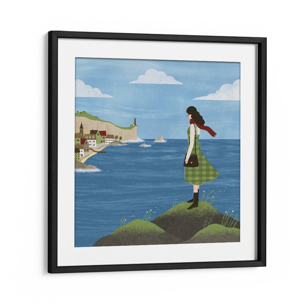 Irish Seaside By Julia Leister Women Illustration Paintings in Black Frame With Mount