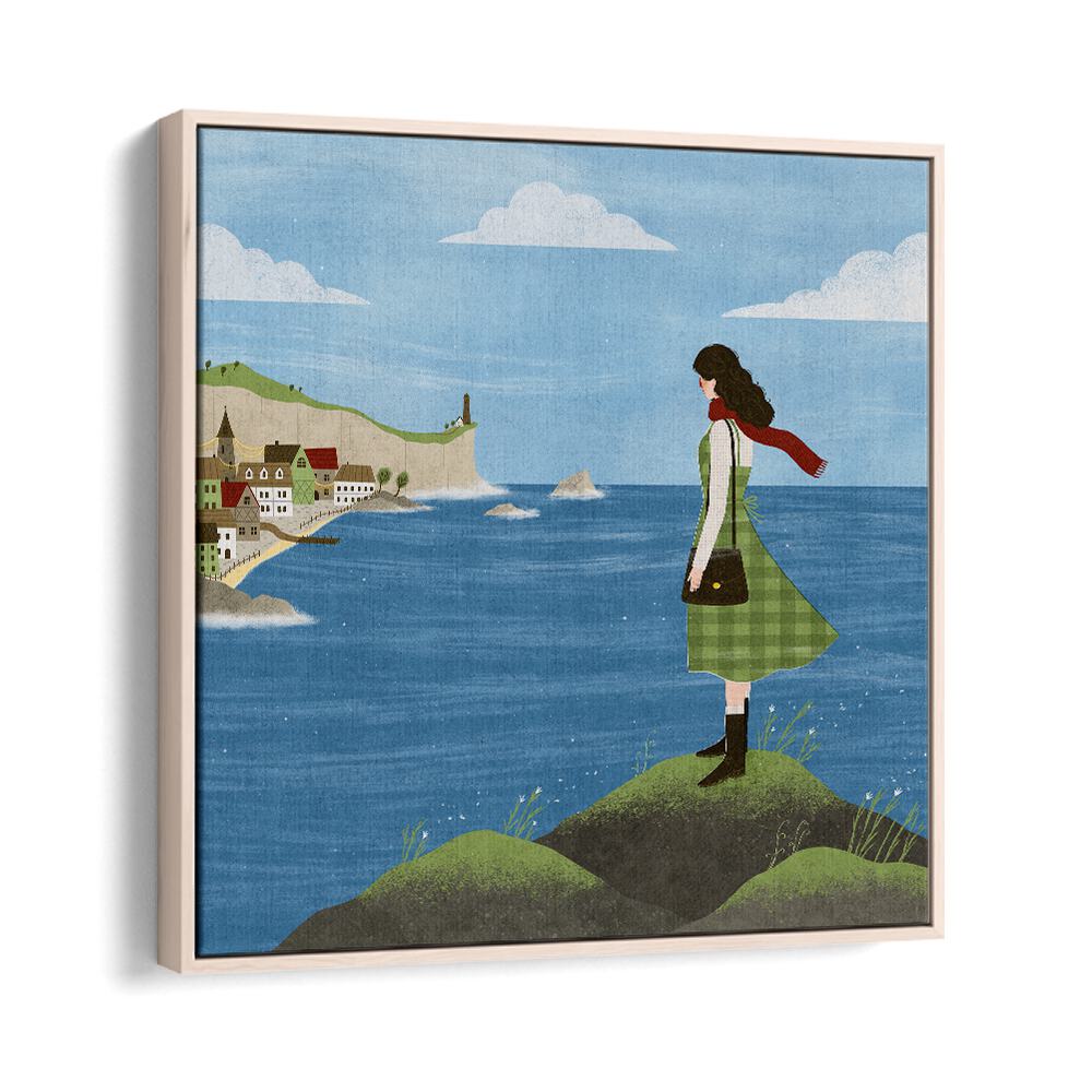 Irish Seaside By Julia Leister Women Illustration Paintings in Oak Wood Floater Frame