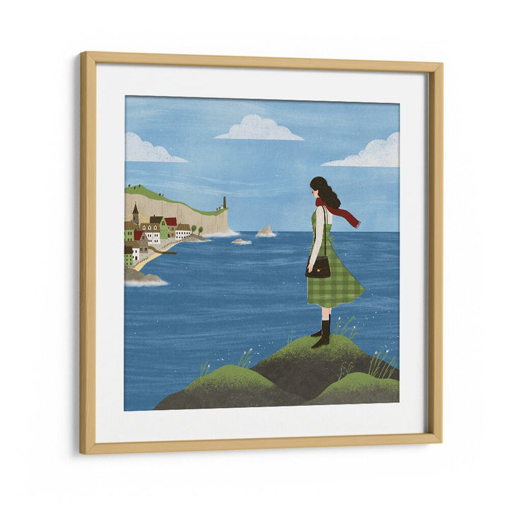 Irish Seaside By Julia Leister Women Illustration Paintings in Oak Wood Frame With Mount