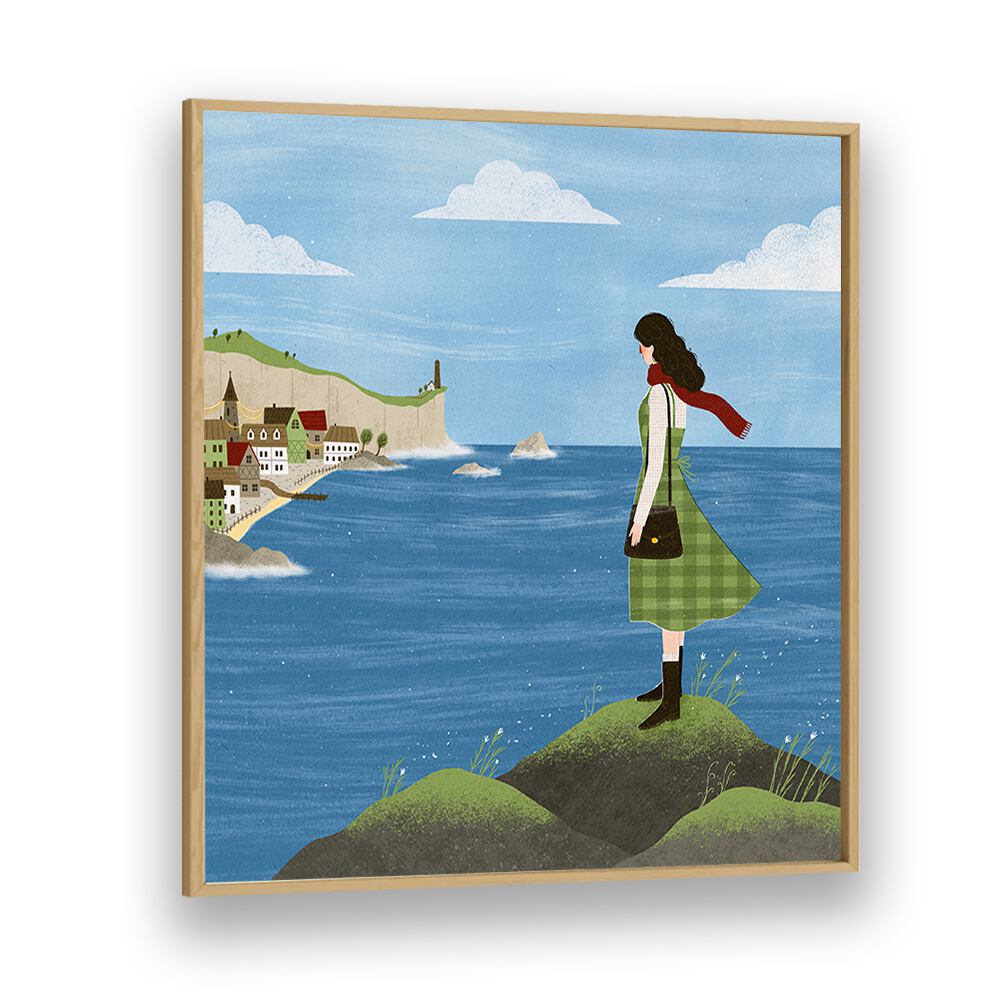 Irish Seaside By Julia Leister Women Illustration Paintings in Oak Wood Plain Frame