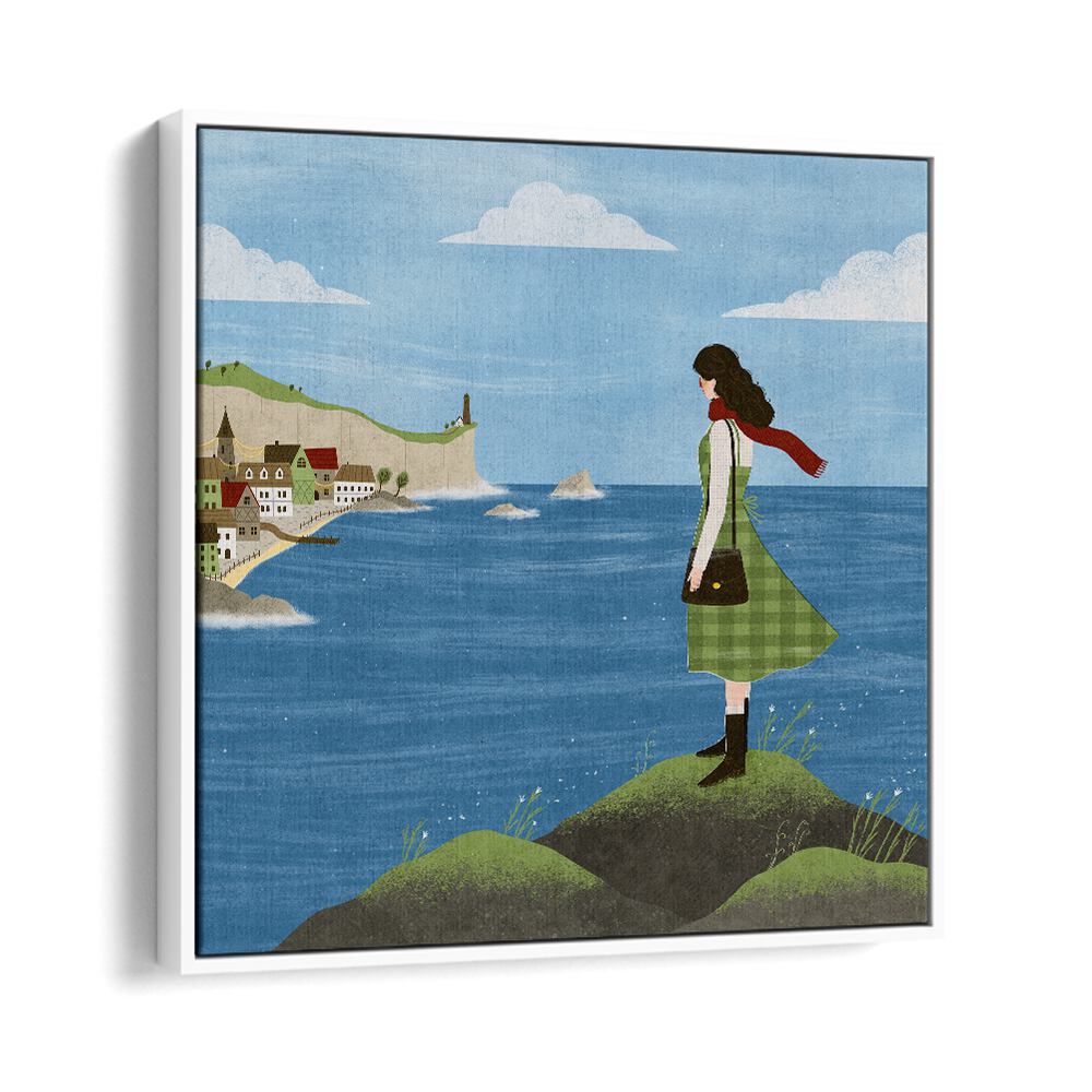 Irish Seaside By Julia Leister Women Illustration Paintings in White Floater Frame