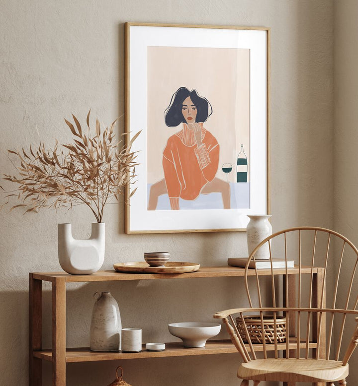 It's A Mood By Ivy Green Women Illustration Paintings in Oak Wood Frame With Mount on a beige wall above a table