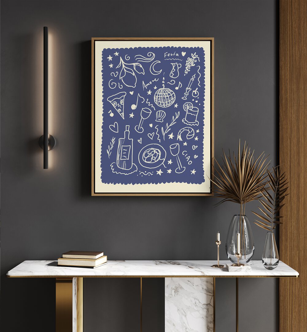 Italienisches Up by Studio Dolci Kitchen Art Prints in Oak Wood Floater Frame placed on a wall behind a table