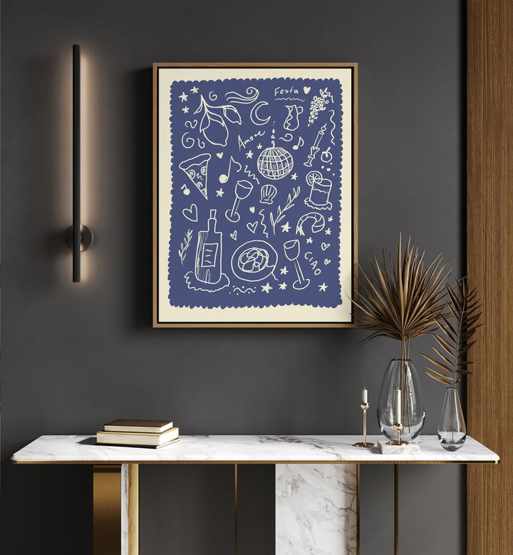 Italienisches Up by Studio Dolci Kitchen Art Prints in Oak Wood Floater Frame placed on a wall behind a table