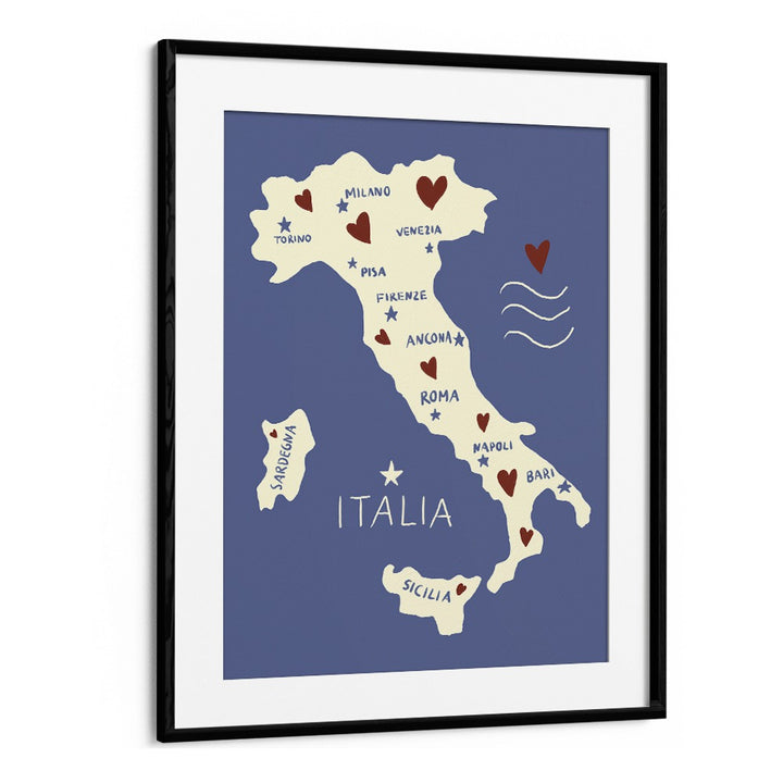 Italiya Map by Studio Dolci Travel Posters in Black Frame With Mount