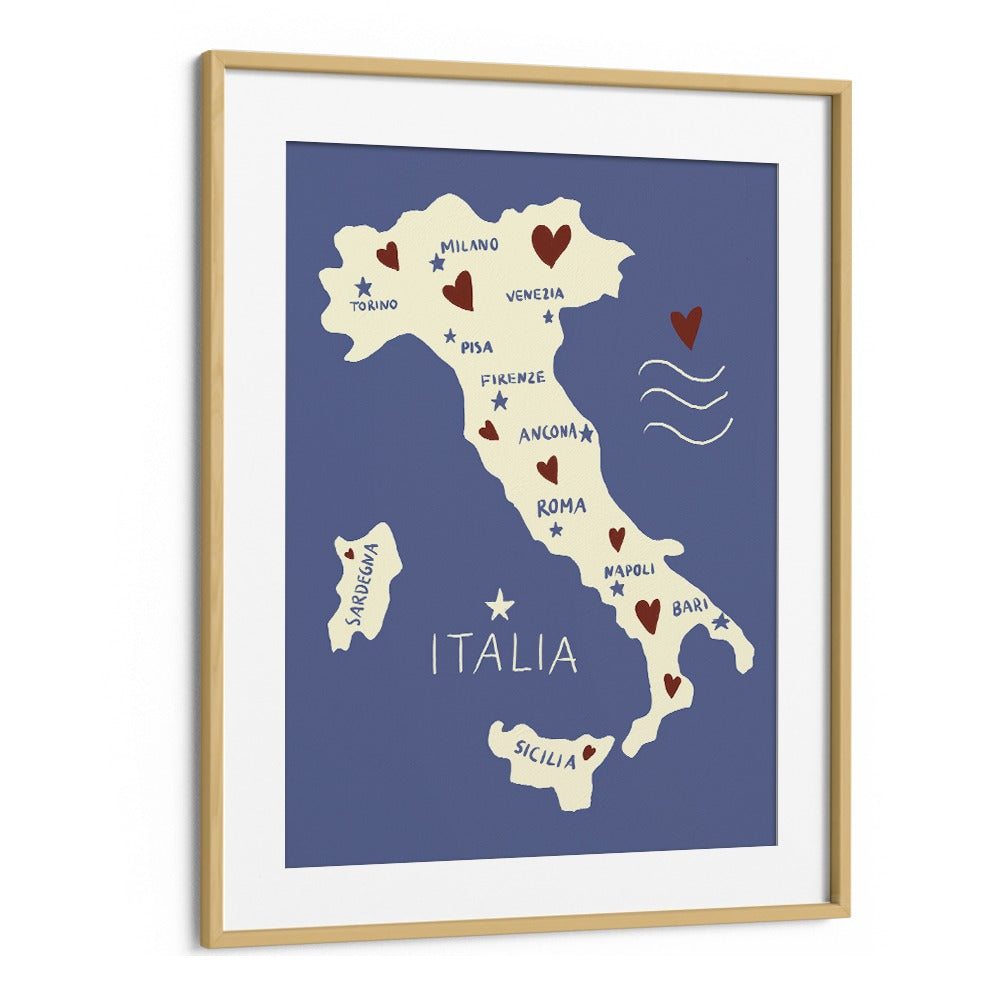 Italiya Map by Studio Dolci Travel Posters in Oak Wood Frame With Mount