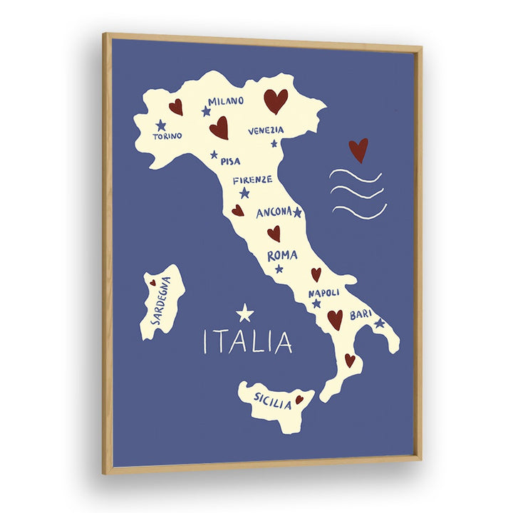 Italiya Map by Studio Dolci Travel Posters in Oak Wood Plain Frame