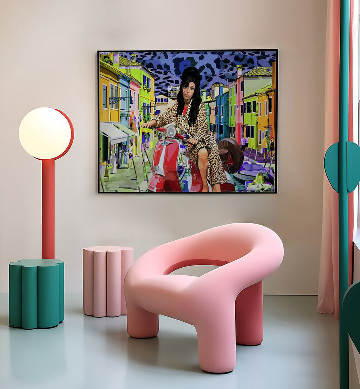 Italy and Amy By Lynnda Rakos Pop Art Paintings Pop Art Prints in Black Plain Frame placed on a wall behind a chair