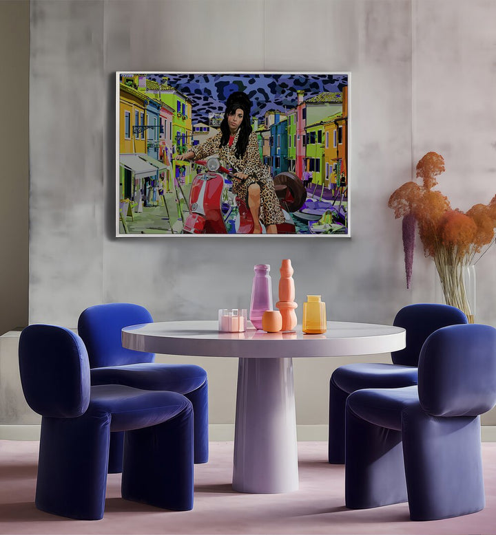 Italy and Amy By Lynnda Rakos Pop Art Paintings Pop Art Prints in White Plain Frame placed on a wall behind a dining table 