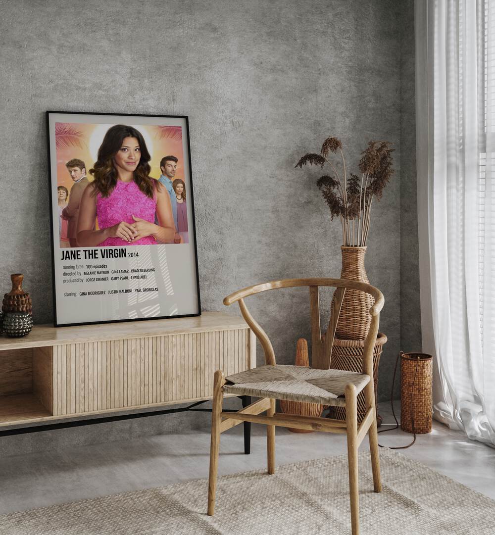 JANE THE VIRGIN 2014 MOVIE POSTERS in Black Plain Frame placed on a table beside chair
