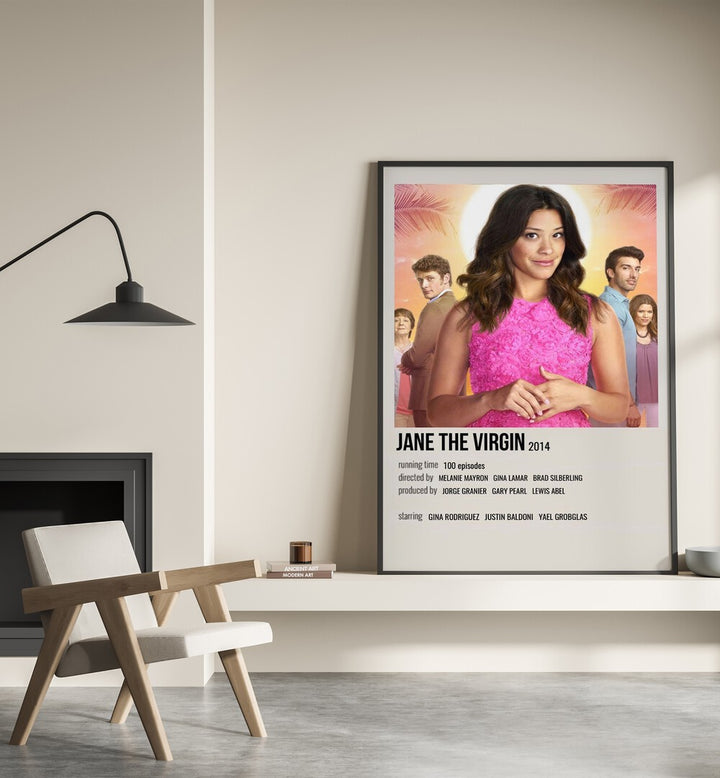 JANE THE VIRGIN 2014 MOVIE POSTERS in Black Plain Frame placed on wall beside chair and lamp