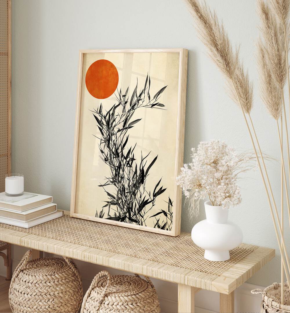 Japanese Birch Landscape Art Artwork in Oak Wood Plain Frame Placed on a Wooden Shelf / Console Table near a White Wall