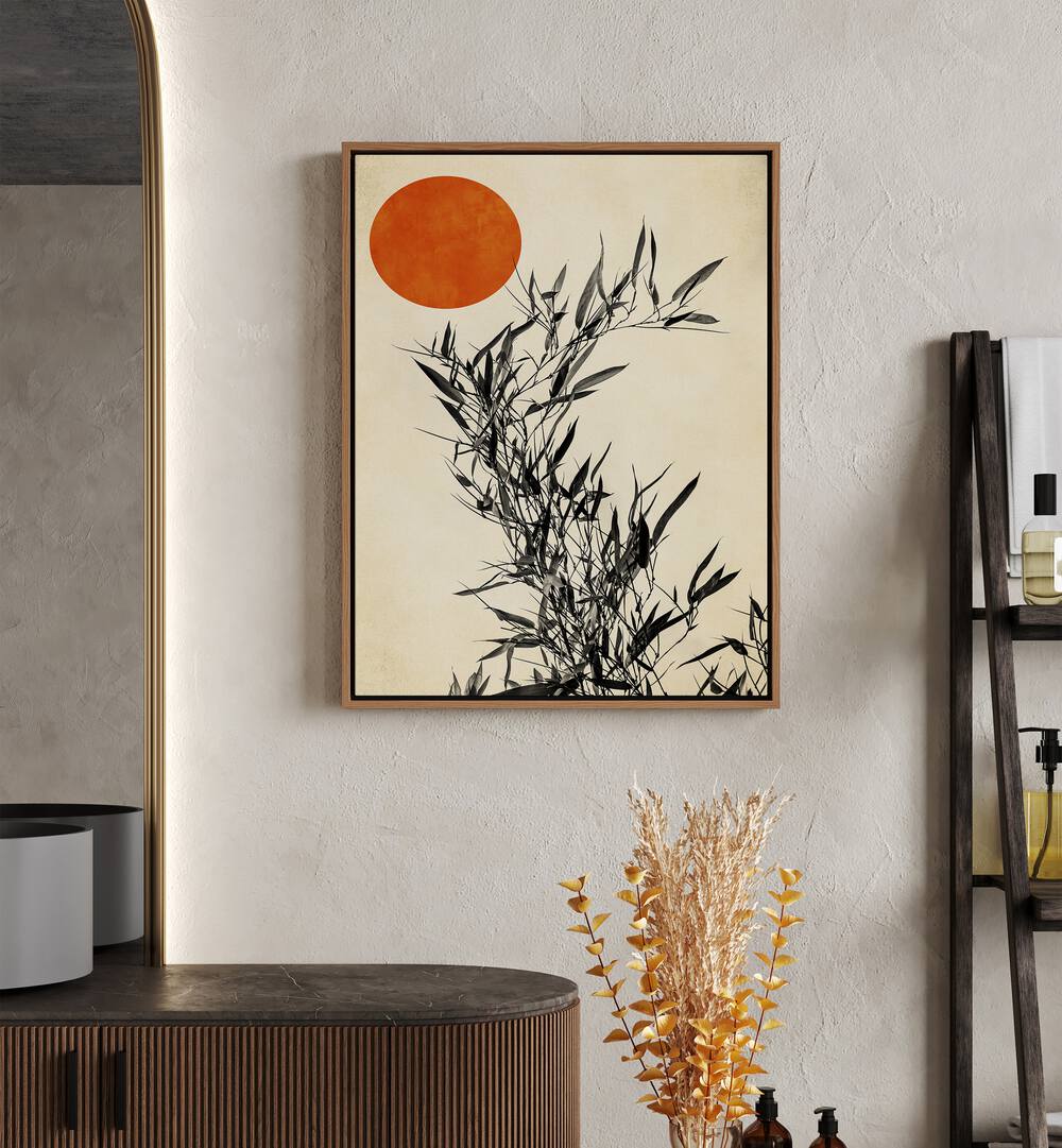 Japanese Birch Landscape Art Artwork in Oak Wood Floater Frame Placed on a Cream Colored Textured Wall Near A Wooden Console Table 