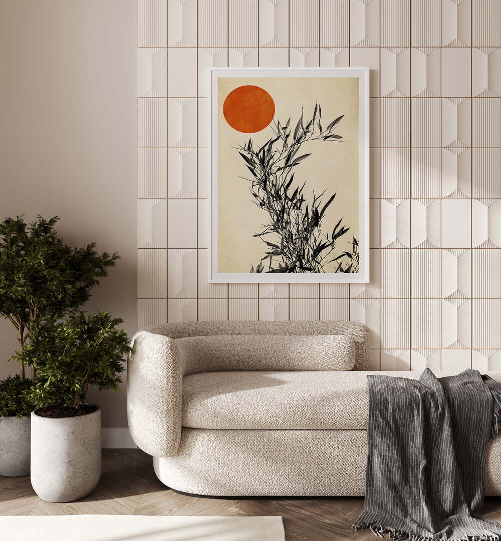 Japanese Birch Landscape Art Artwork in White Frame With Mount Placed on a Beige Tiled Wall behind a Beige Sofa in the Living Room