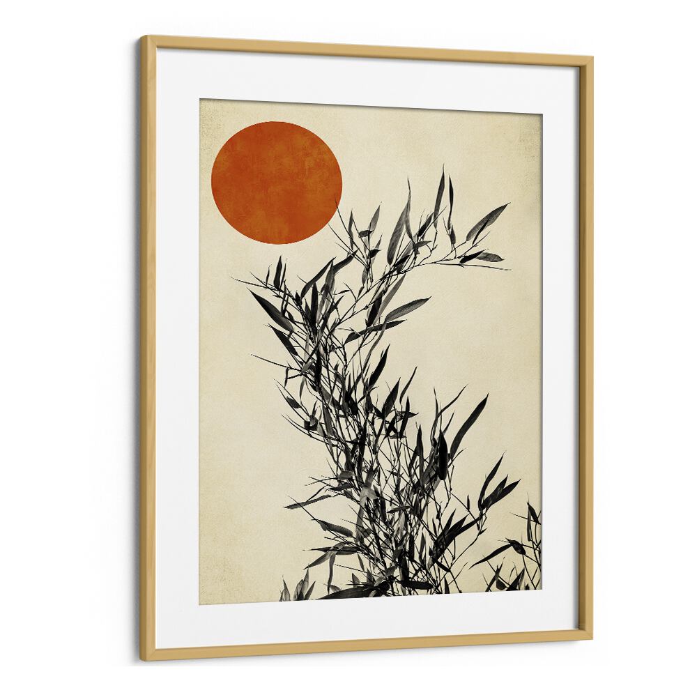 Japanese Birch Landscape Art Artwork in Oak Wood Frame With Mount