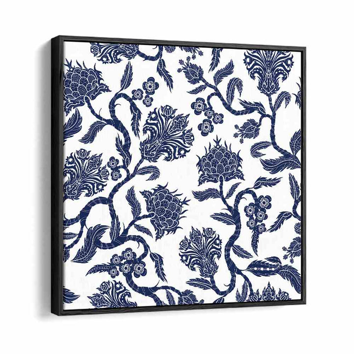 Japanese Blue Ceramic Botanical Art Print Artwork in Black Floater Frame