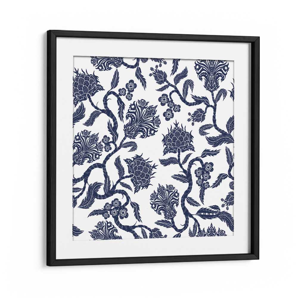 Japanese Blue Ceramic Botanical Art Print Artwork in Black Frame With Mount