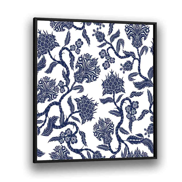 Japanese Blue Ceramic Botanical Art Print Artwork in Black Plain Frame