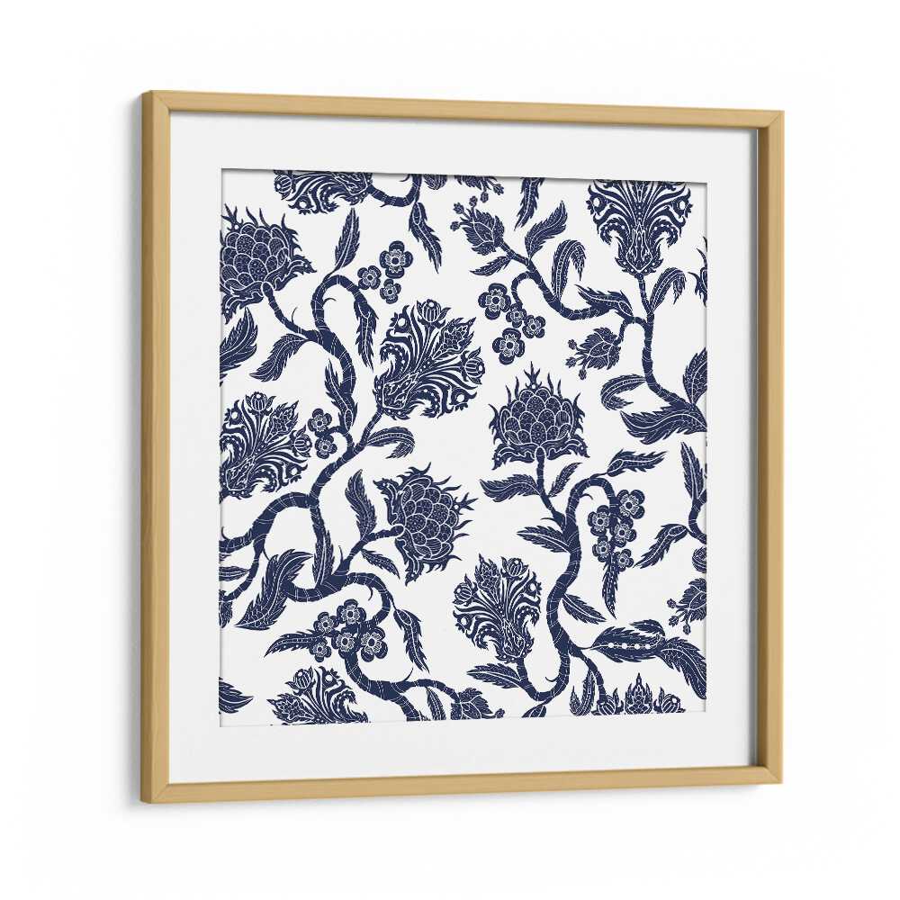 Japanese Blue Ceramic Botanical Art Print Artwork in Oak Wood Frame With Mount