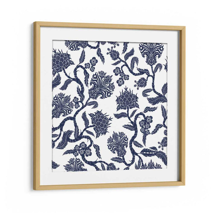 Japanese Blue Ceramic Botanical Art Print Artwork in Oak Wood Frame With Mount