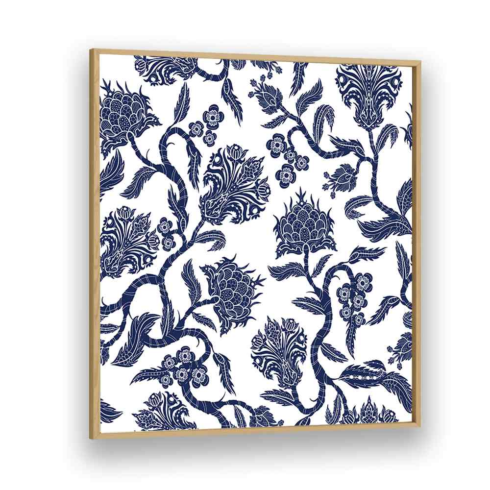 Japanese Blue Ceramic Botanical Art Print Artwork in Oak Wood Plain Frame