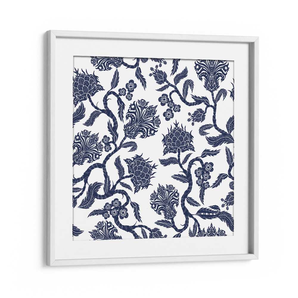 Japanese Blue Ceramic Botanical Art Print Artwork in White Frame With Mount